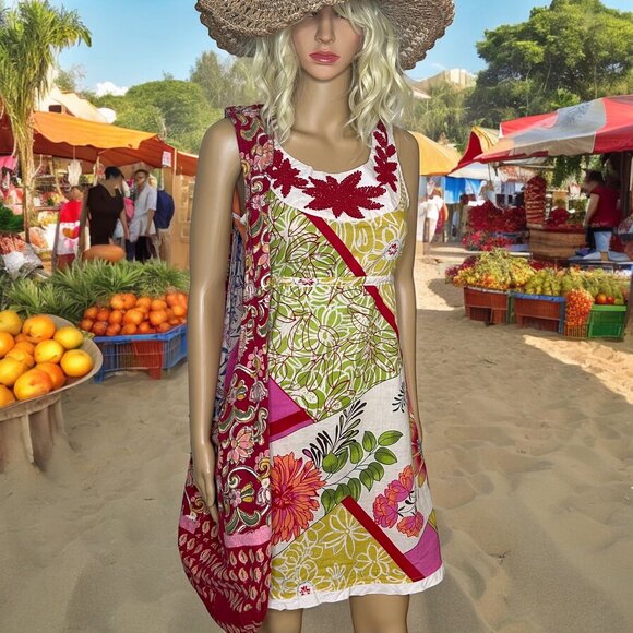Colorful floral boho embroidered sleeveless multi print cotton summer dress M - Picture 1 of 9